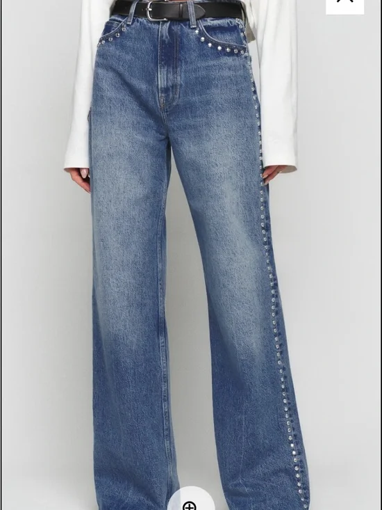 Reformation Studded High-Rise Wide Leg Jeans in Light Blue Denim - Picture 3 of 6